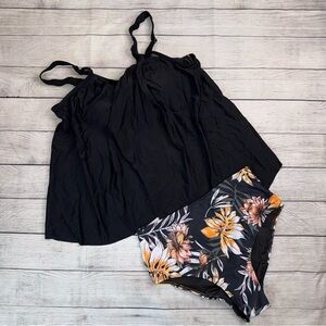 Shein NEW Flowing Tankini 2 Piece Set.   Black and Black Floral Size medium